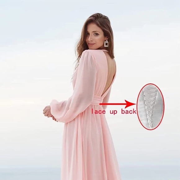 Dusty rose V- Neck Long Sleeve Bridesmaid Dresses with Slit Chiffon Ruched A L… - Picture 4 of 5